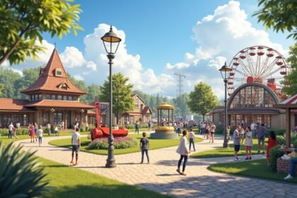 Kristiansand Dyreparken vidámpark látképe emberekkel és attrakciókkal