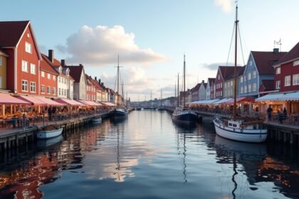 Kristiansand Fiskebrygga csatornája sétányokkal és halpiac éttermekkel