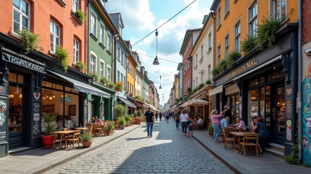 Grünerløkka színes utcája Oslóban, hipster kávézók és boltok