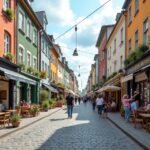 Grünerløkka színes utcája Oslóban, hipster kávézók és boltok