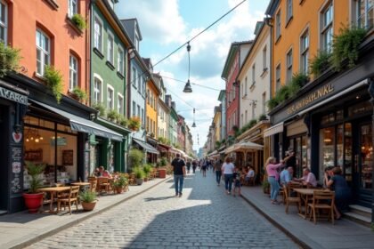 Grünerløkka színes utcája Oslóban, hipster kávézók és boltok