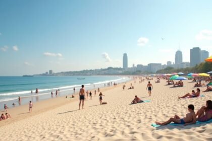 Napfényes Bystranda strand, kristálytiszta víz és napernyők.