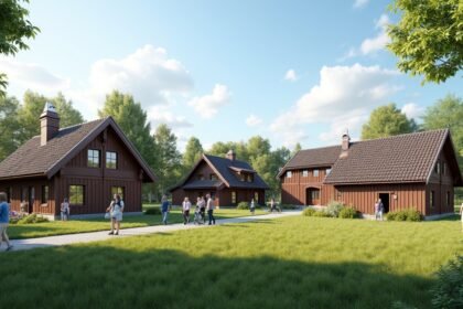 Kristiansand skanzen hagyományos faházai látogatókkal