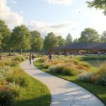 Kristiansand botanikus kert, virágos sétány és fák egy szép napon.