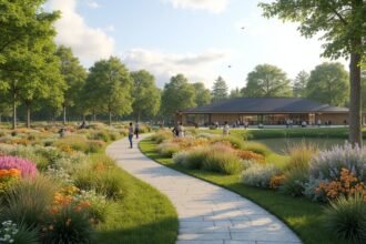 Kristiansand botanikus kert, virágos sétány és fák egy szép napon.