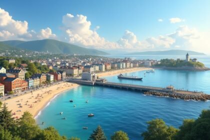 Kristiansand város panorámája, homokos strandokkal és festői környezettel.