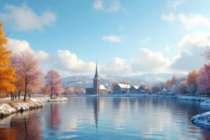 Kristiansand téli táj havas fákkal és tükörsima vízzel.