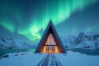 Az Északi-sarkvidéki Katedrális a sarki fény alatt Tromsőben.