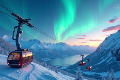 Fjellheisen felvonó a Tromsø-i sarki panorámával északi fények alatt.