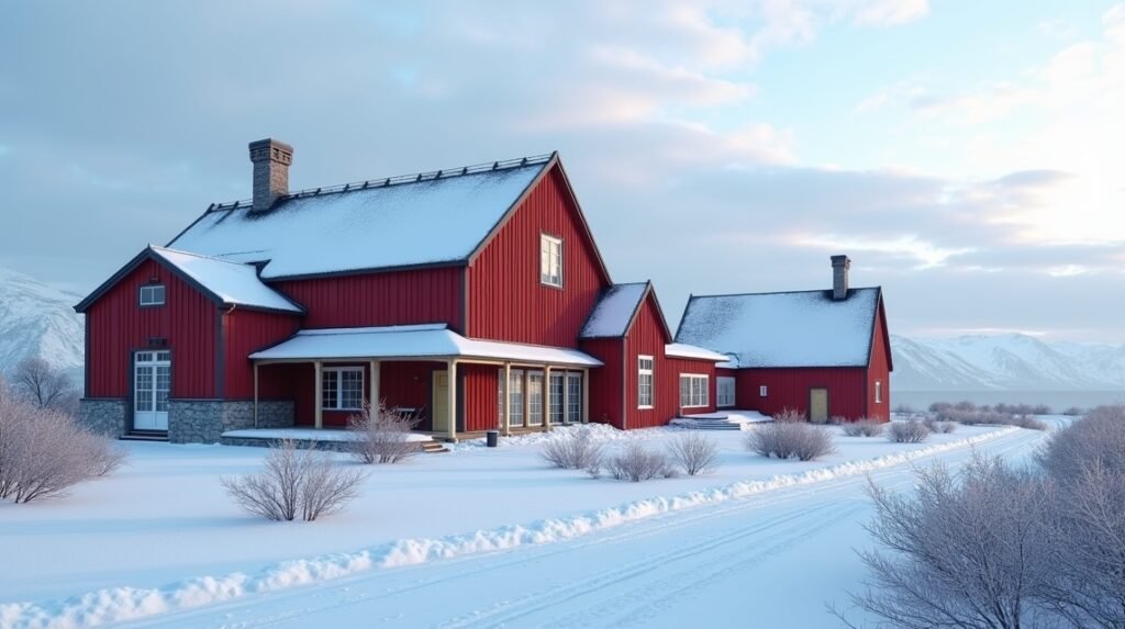 Tromsø vörös házak a hóban, sarkvidéki tájban