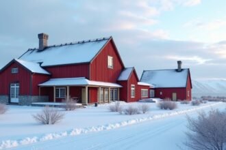 Tromsø vörös házak a hóban, sarkvidéki tájban