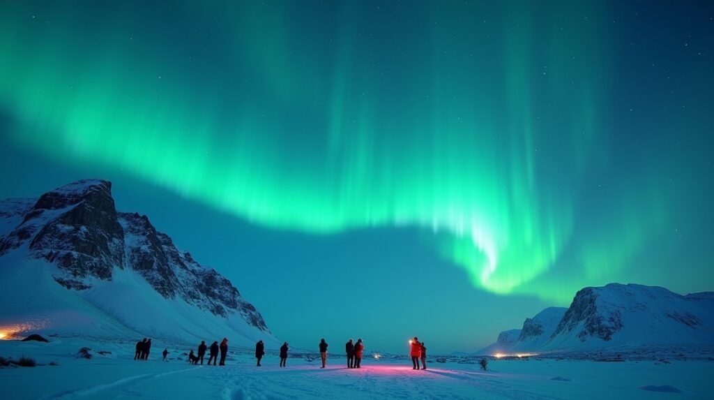 Északi fény Tromsø felett hegyekkel a háttérben
