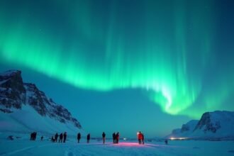 Északi fény Tromsø felett hegyekkel a háttérben