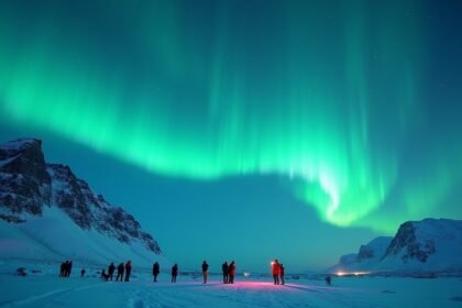 Északi fény Tromsø felett hegyekkel a háttérben