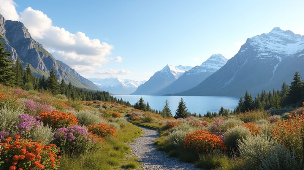 Panorámás kilátás a Tromsø-i botanikus kertre alpesi virágokkal