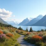 Panorámás kilátás a Tromsø-i botanikus kertre alpesi virágokkal