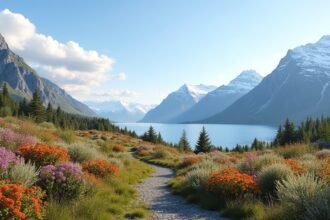 Panorámás kilátás a Tromsø-i botanikus kertre alpesi virágokkal
