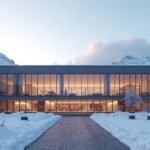 A Tromsøi Könyvtár modern épülete hóval borított tájban.