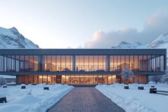 A Tromsøi Könyvtár modern épülete hóval borított tájban.