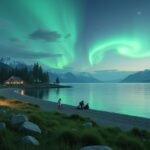 Éjféli nap és északi fény a Telegrafbukta strandon Tromsø közelében.