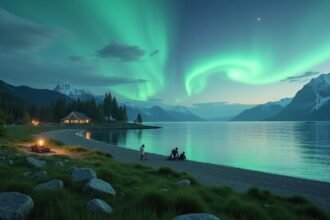 Éjféli nap és északi fény a Telegrafbukta strandon Tromsø közelében.