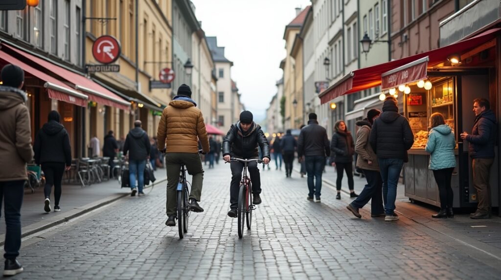 Két kerékpáros a nyüzsgő utcán, ahol emberek sétálnak és élelmiszerstandok állnak.