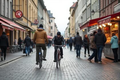 Két kerékpáros a nyüzsgő utcán, ahol emberek sétálnak és élelmiszerstandok állnak.