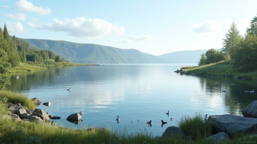 A Prestvannet tó nyugodt vize és madarai Tromsøban