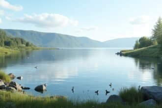 A Prestvannet tó nyugodt vize és madarai Tromsøban