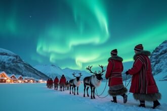 Rénszarvas szános utazás Tromsø-ban az északi fény alatt.