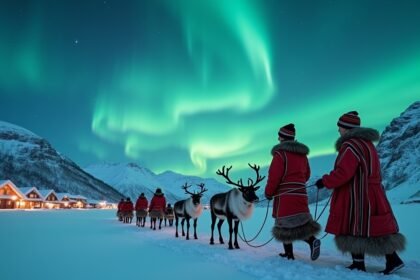 Rénszarvas szános utazás Tromsø-ban az északi fény alatt.