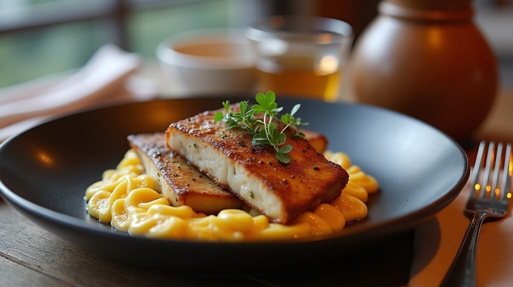 Finom tőkehal egy modern norvég étteremben, gazdag ízvilággal.