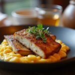 Finom tőkehal egy modern norvég étteremben, gazdag ízvilággal.