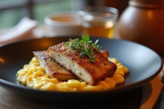 Finom tőkehal egy modern norvég étteremben, gazdag ízvilággal.