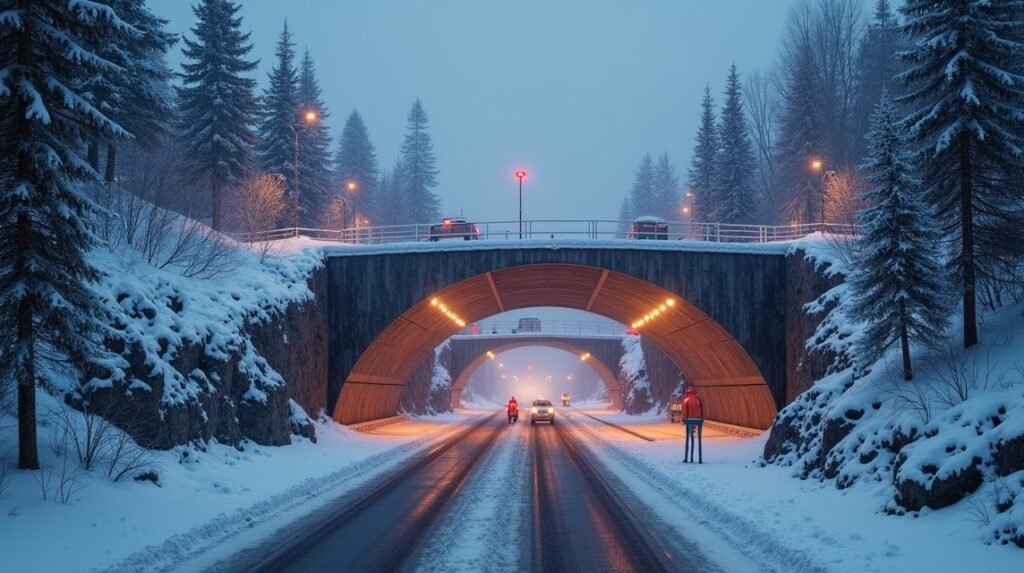 Tromsø város alatti alagutak téli tájban, autók és lámpák a hóban.
