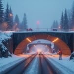 Tromsø város alatti alagutak téli tájban, autók és lámpák a hóban.