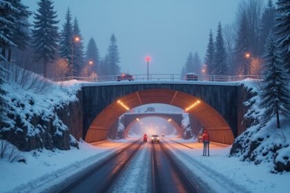 Tromsø város alatti alagutak téli tájban, autók és lámpák a hóban.