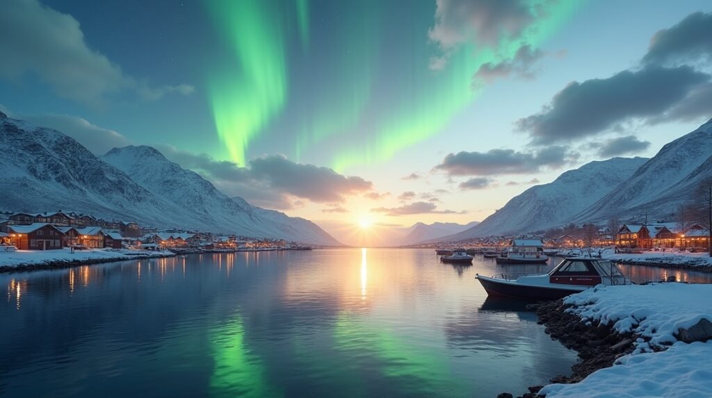 Tromsø sarki fény és téli táj, amely nyáron is vonzó turisták számára.