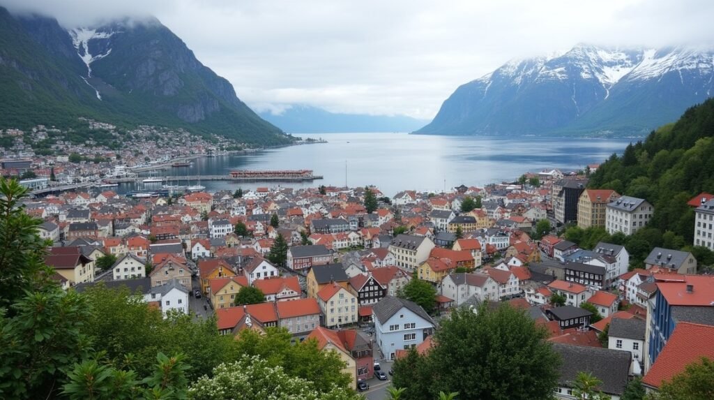 Ålesund város panorámája szecessziós épületekkel és fjorddal