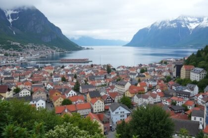 Ålesund város panorámája szecessziós épületekkel és fjorddal