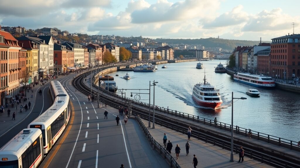 Oslo városnézet a fjordon, metró és kompok a vízen