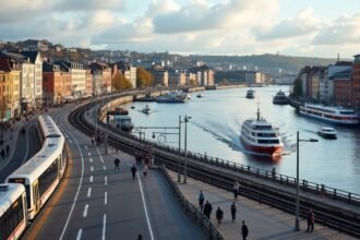 Oslo városnézet a fjordon, metró és kompok a vízen