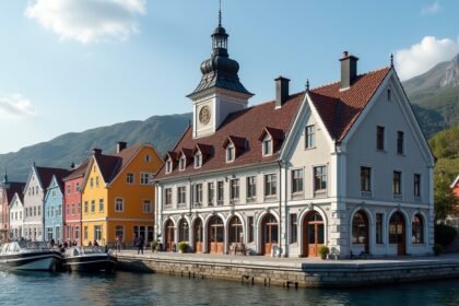 Állóképek a csodálatos Ålesund kikötőjéről szecessziós épületekkel.