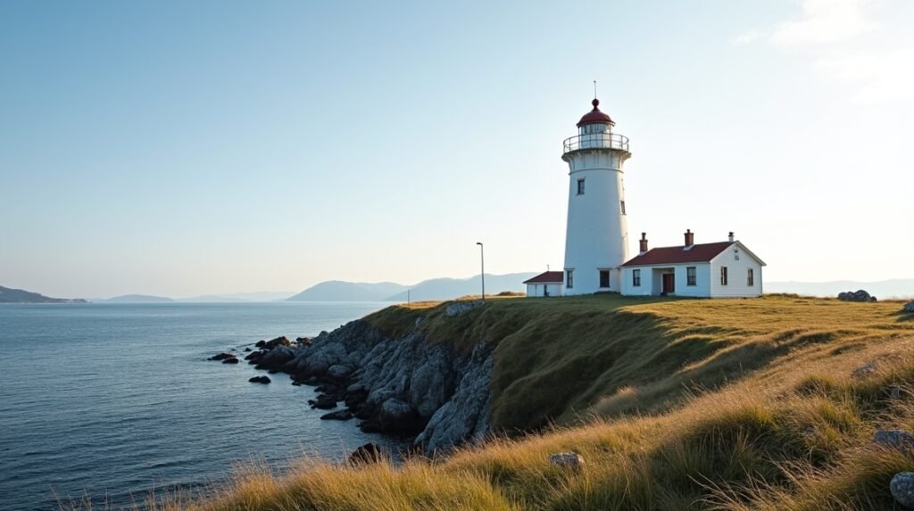 Alnes világítótorony Godøya szigetén, lélegzetelállító tengerparti kilátással.