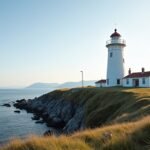 Alnes világítótorony Godøya szigetén, lélegzetelállító tengerparti kilátással.