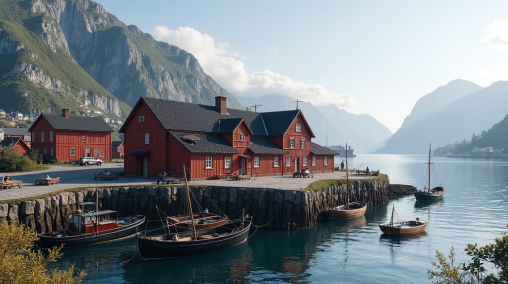 Áttekintés a Halászati Múzeumról Ålesundban, a kikötőben és a hegyek között.
