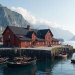 Áttekintés a Halászati Múzeumról Ålesundban, a kikötőben és a hegyek között.