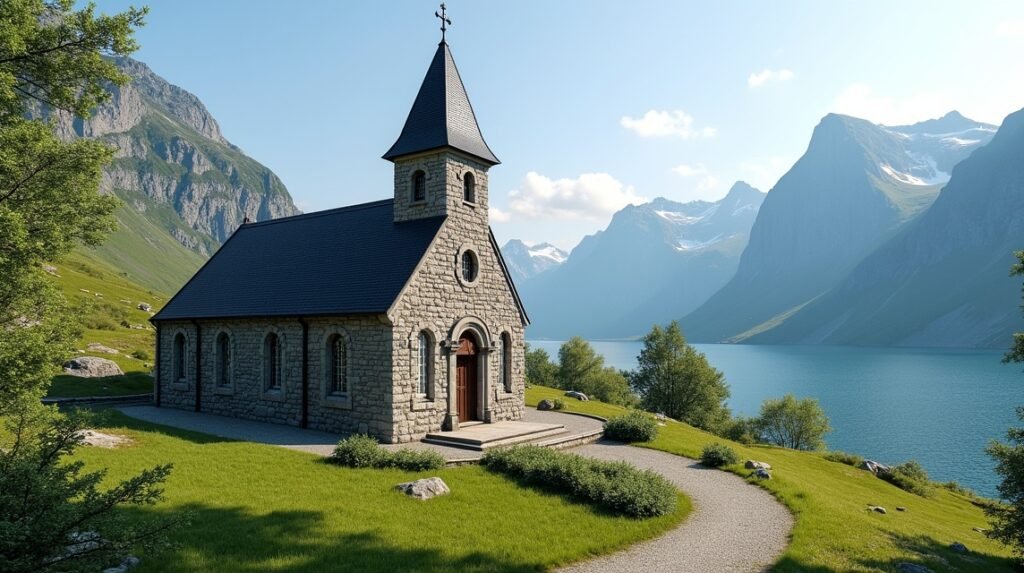 Ålesund templom gyönyörű tájban, tenger és hegyek között.