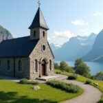 Ålesund templom gyönyörű tájban, tenger és hegyek között.