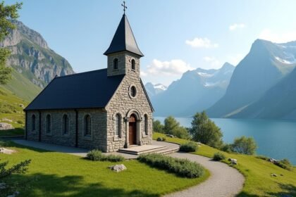 Ålesund templom gyönyörű tájban, tenger és hegyek között.